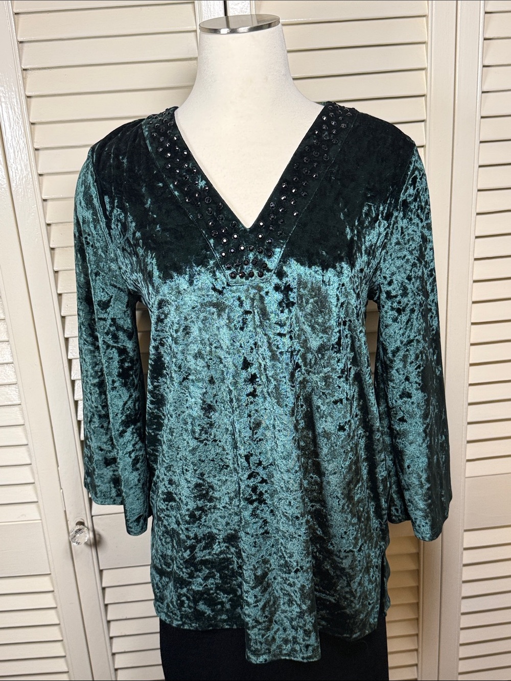 Michael Kors Emerald Green Crushed Velvet Tunic Top M Beaded Sequined V-Neck